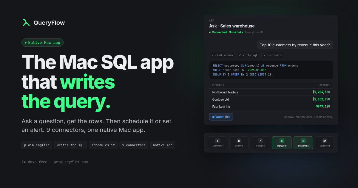 QueryFlow — Connect Snowflake, BigQuery, Databricks, Redshift, Postgres, MySQL, Salesforce or…