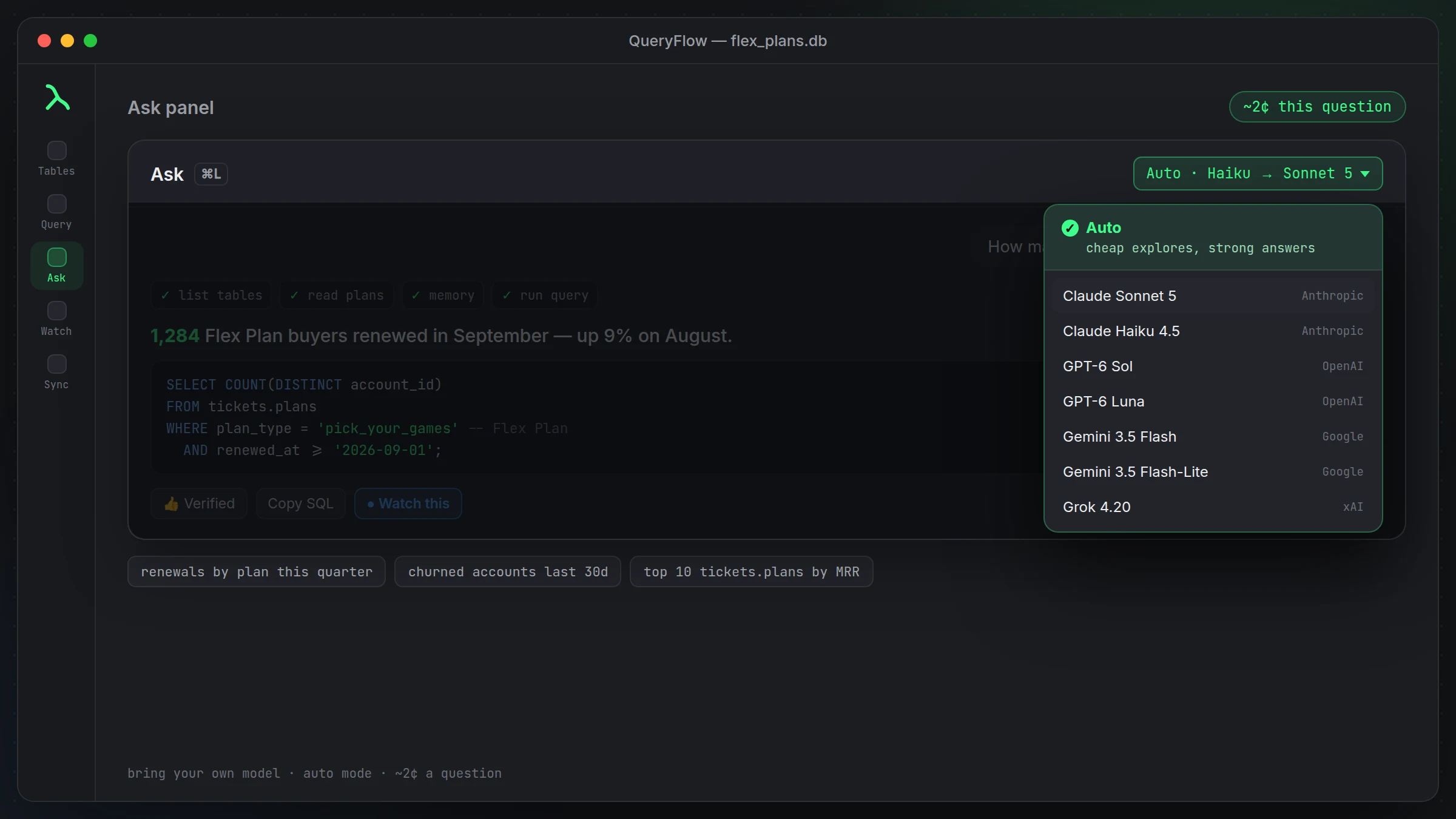 QueryFlow Ask panel model switcher, used here against a connected Databricks SQL warehouse