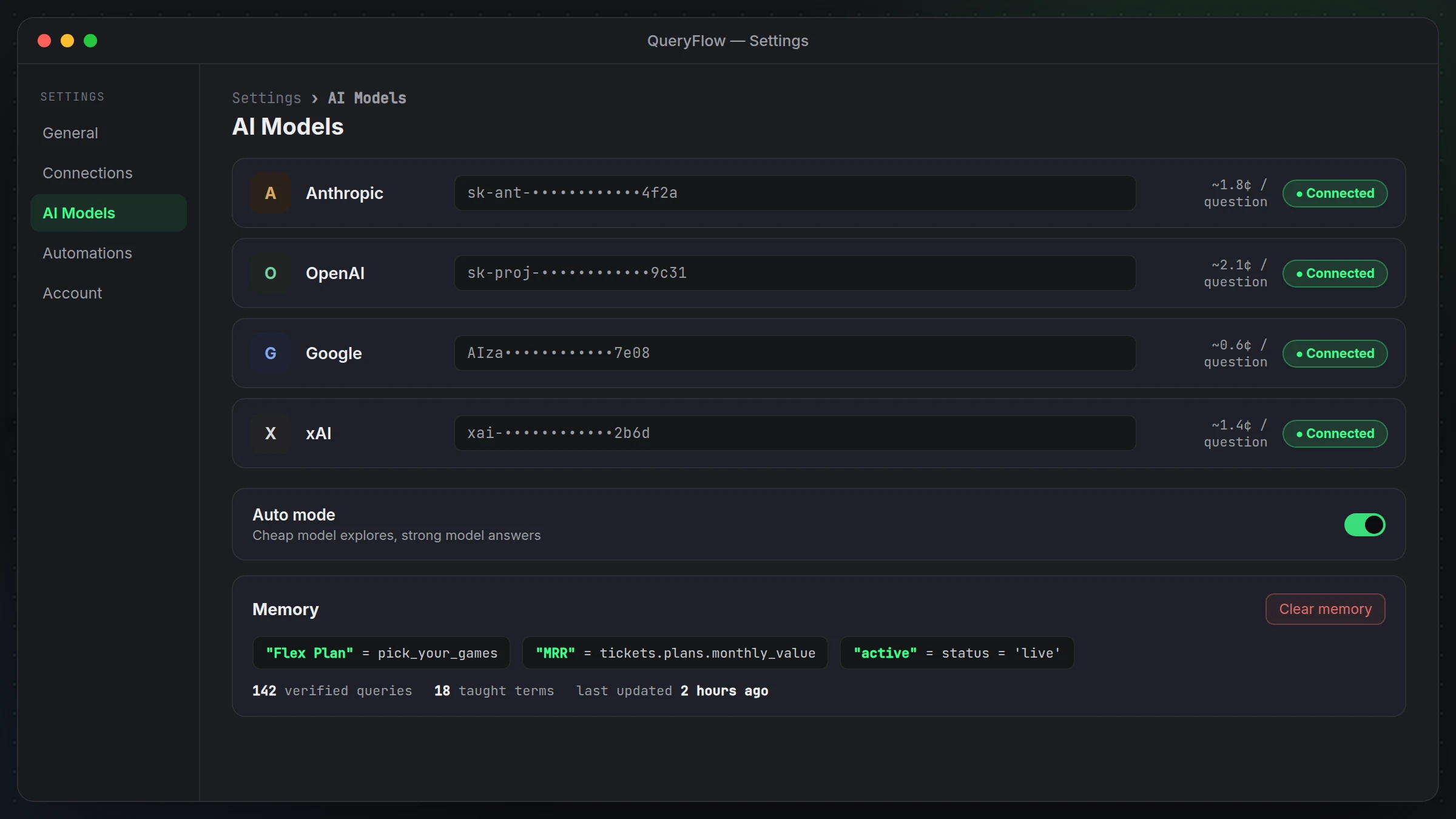 QueryFlow Settings > AI Models screen showing connected Anthropic, OpenAI, Google and xAI keys with per-question cost estimates