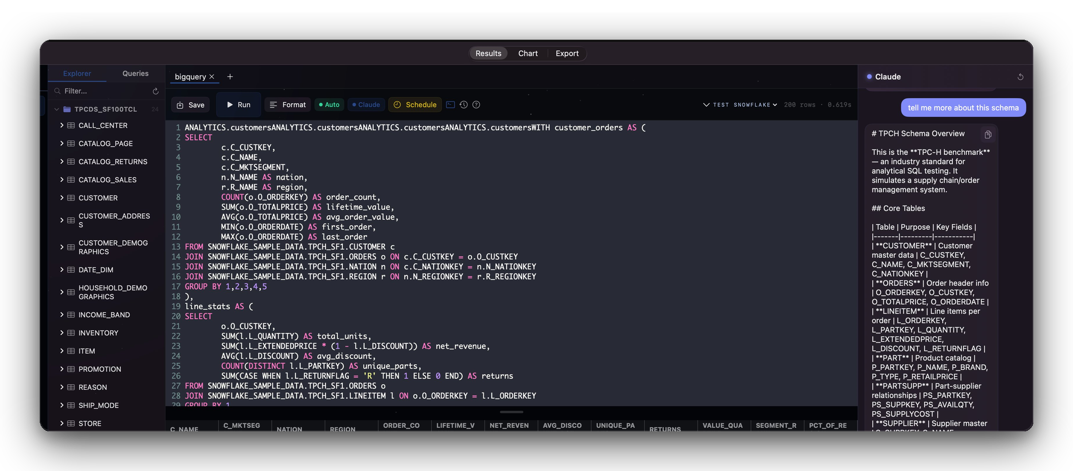 QueryFlow SQL editor with Claude AI panel showing schema overview