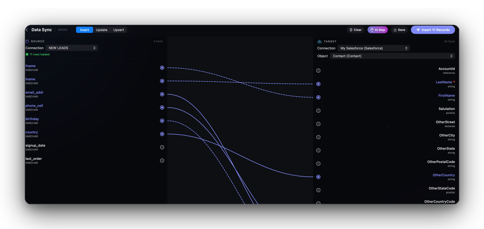 QueryFlow AI Map bezier-curve field mapping interface