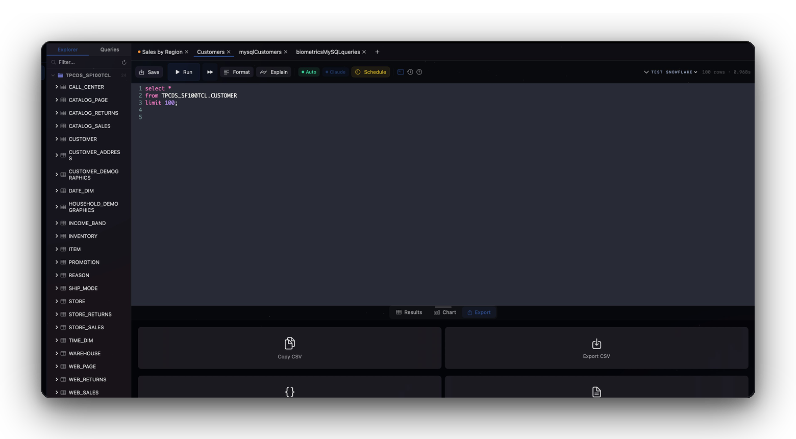QueryFlow export options including CSV, JSON, and Excel