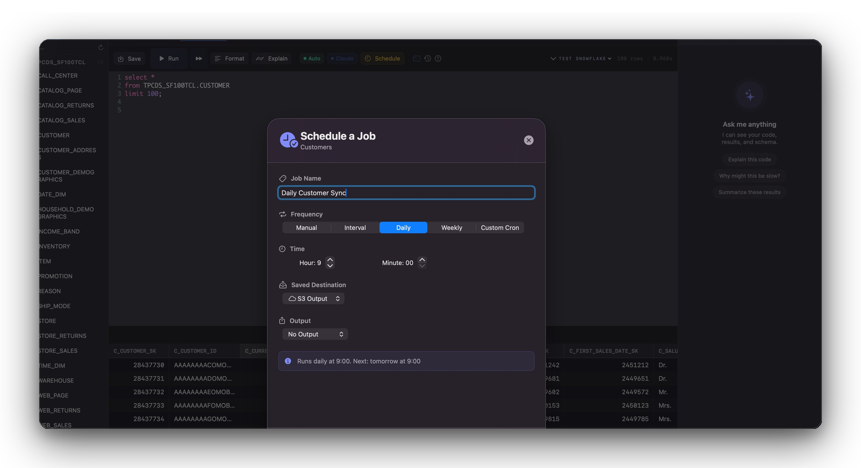 QueryFlow Schedule a Job dialog with cron options