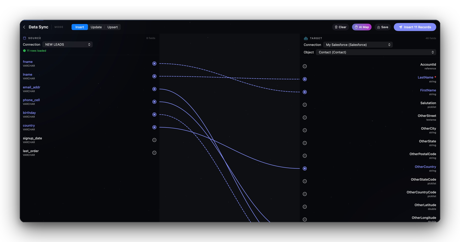 QueryFlow visual ETL pipeline builder with bezier field mapping