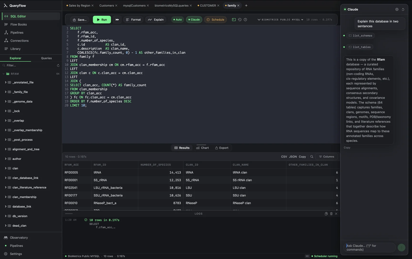 Ask panel in QueryFlow explaining a database, with results grid visible