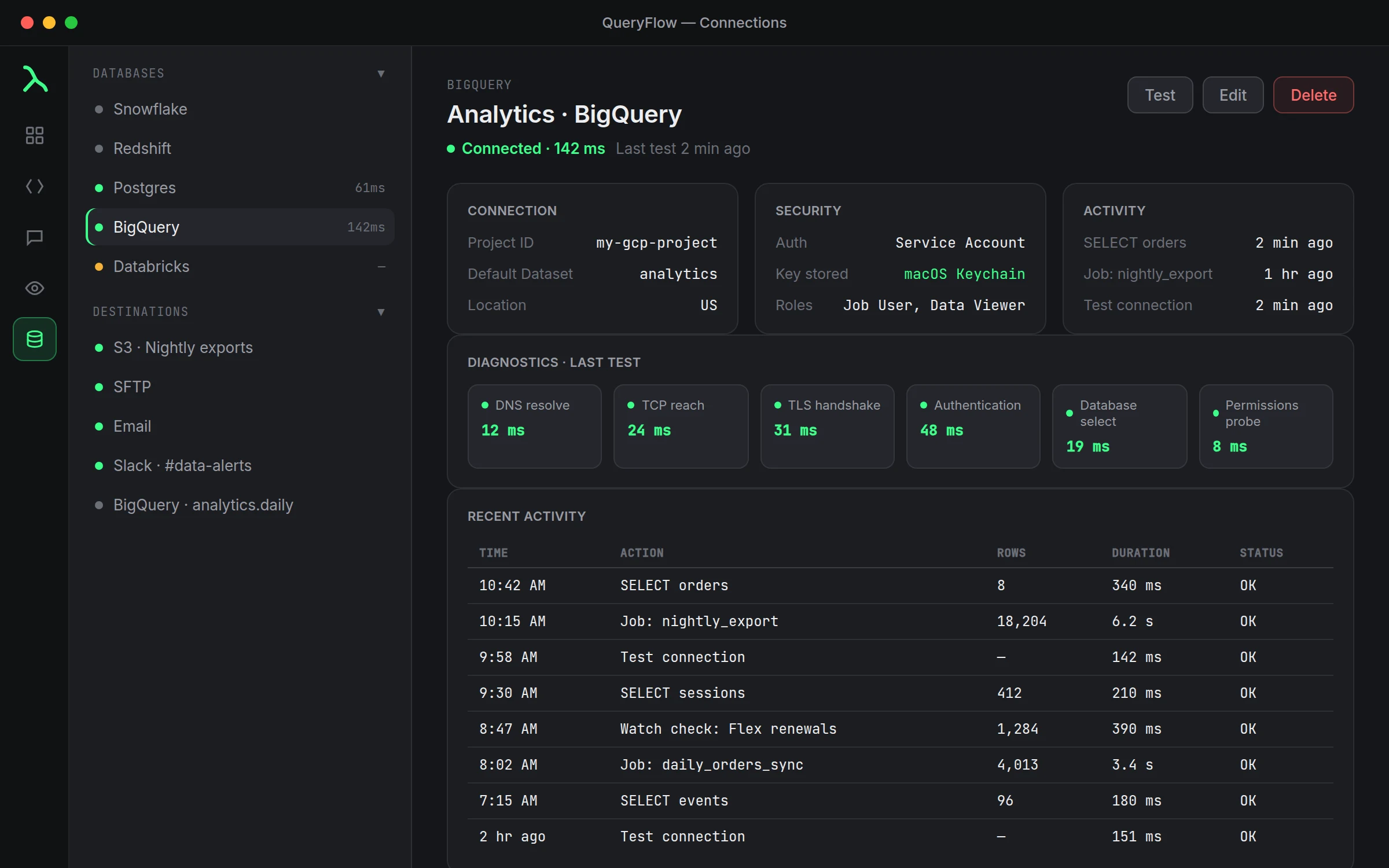 QueryFlow Connections screen with a BigQuery connection selected