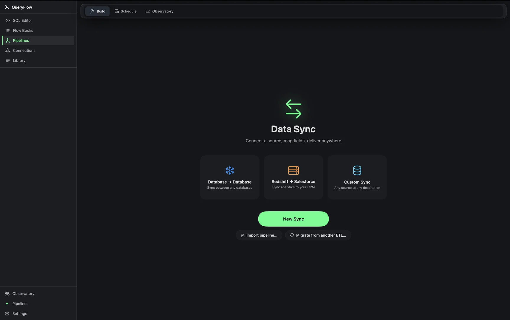 QueryFlow Data Sync home showing migrate from another ETL tool