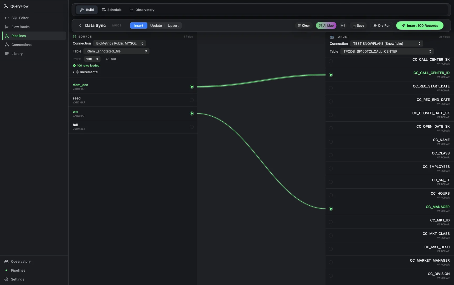 QueryFlow Data Sync visual pipeline builder with bezier field mapping