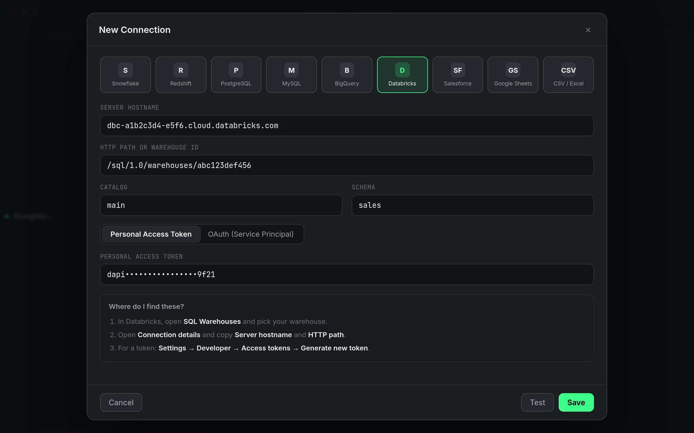 QueryFlow new connection sheet with Databricks selected and fields for server hostname and HTTP path