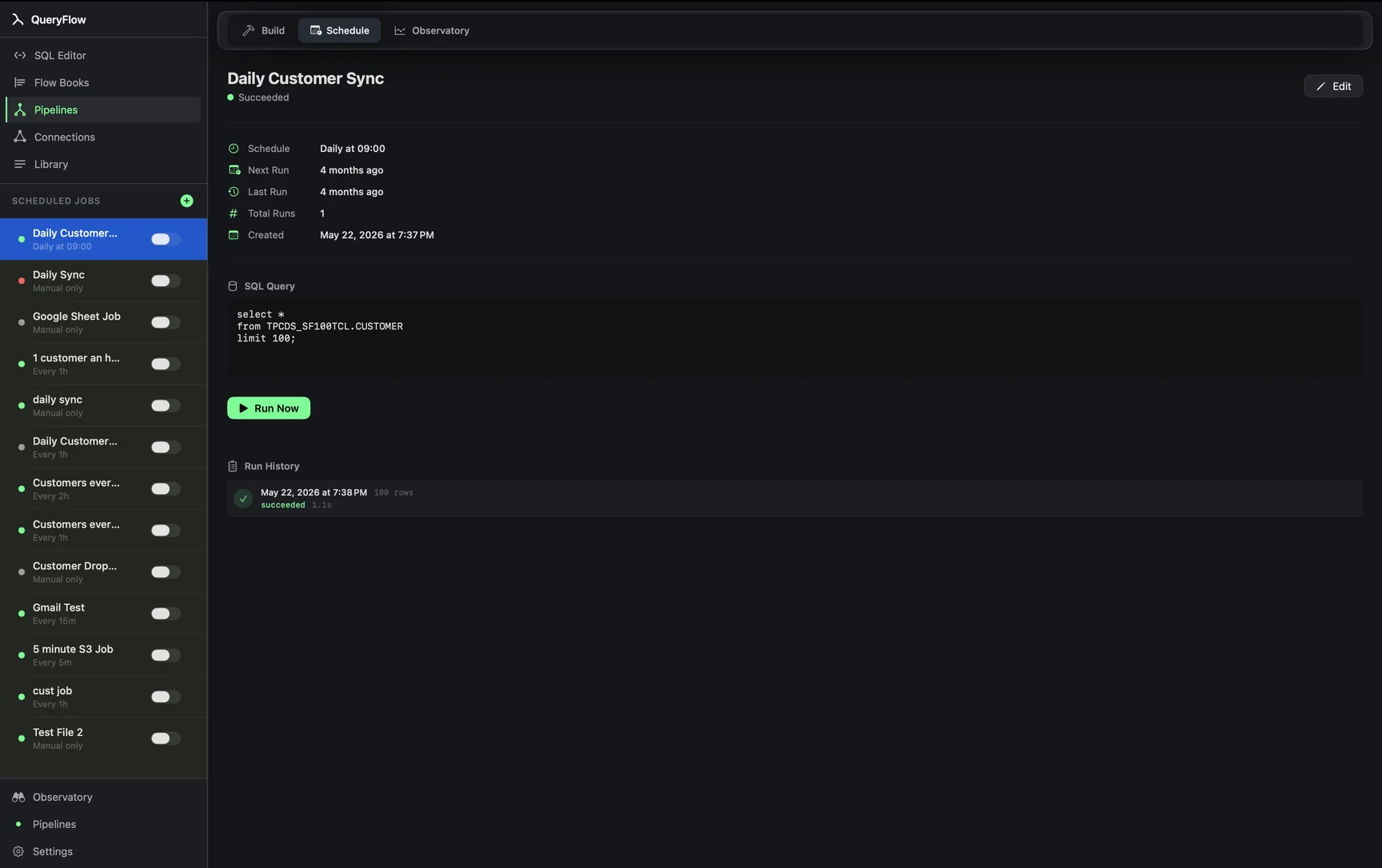 QueryFlow scheduler with job list and cron options
