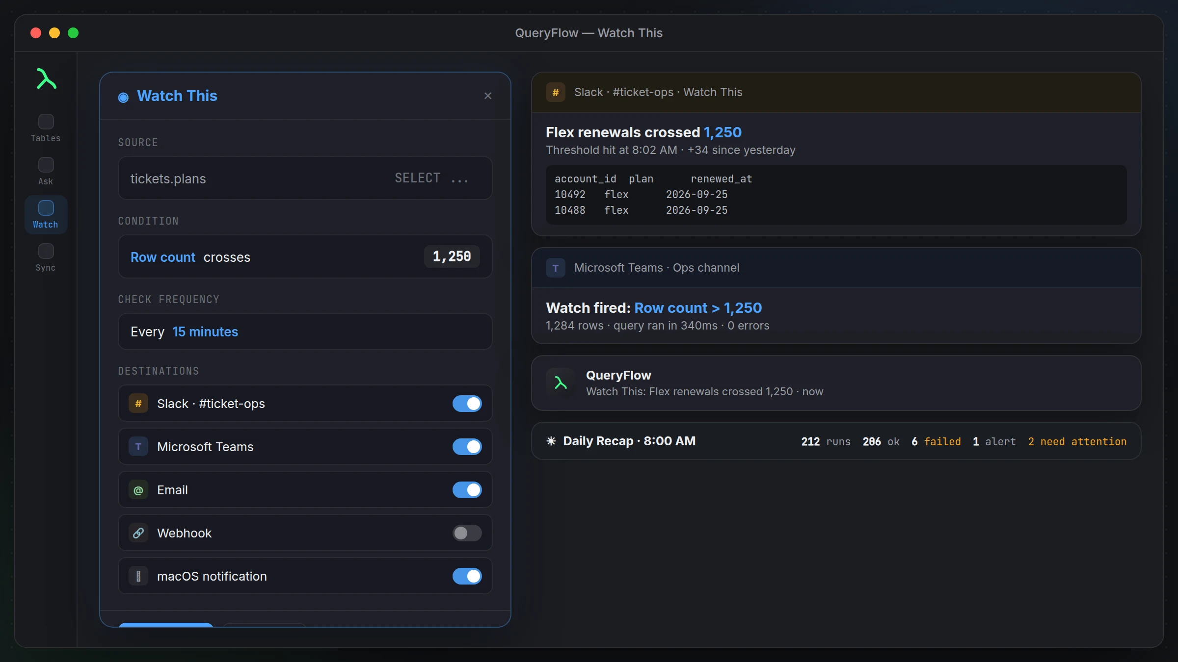 QueryFlow Watch This configuration sheet showing the three trigger types